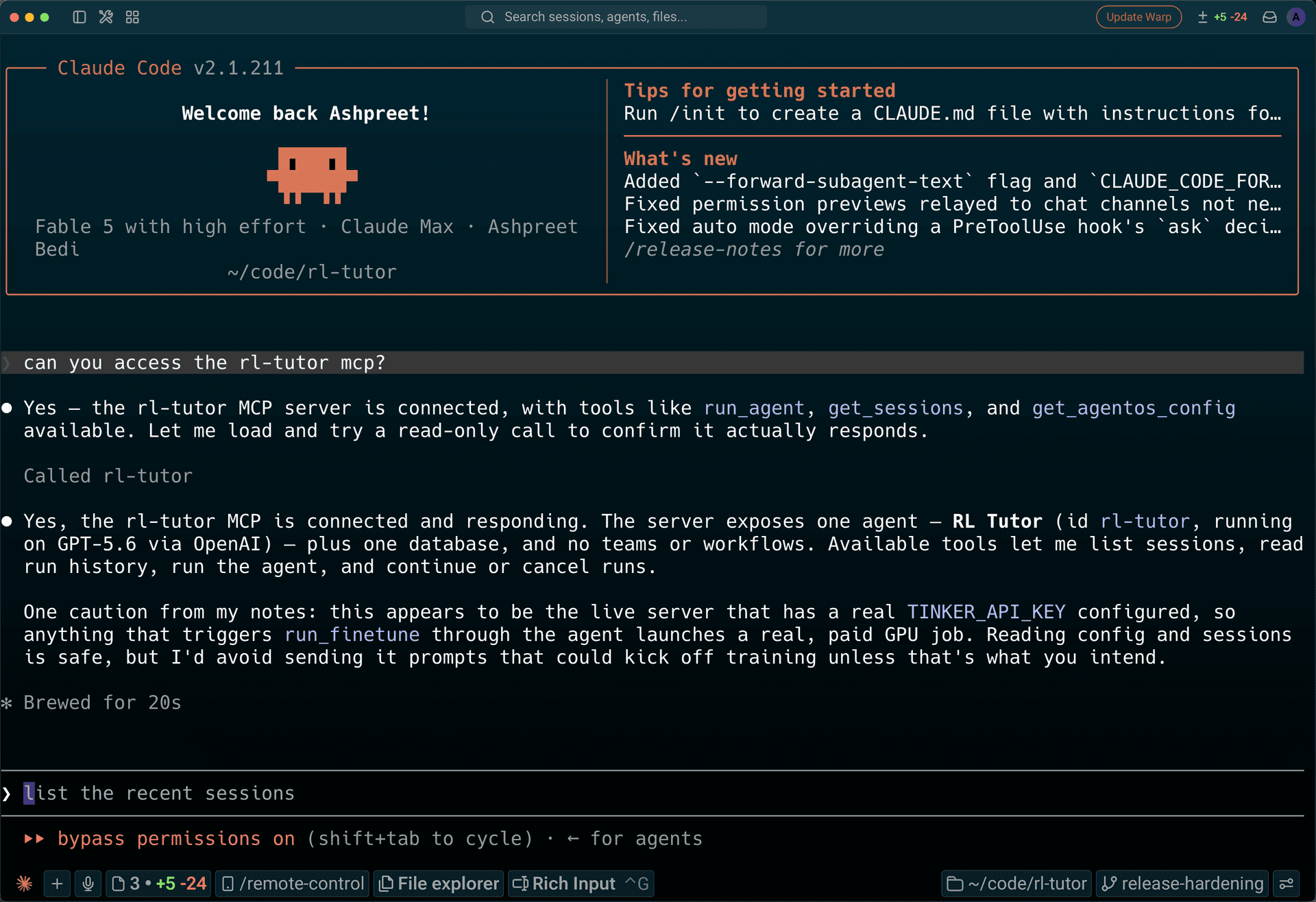 A coding agent using RL Tutor through MCP