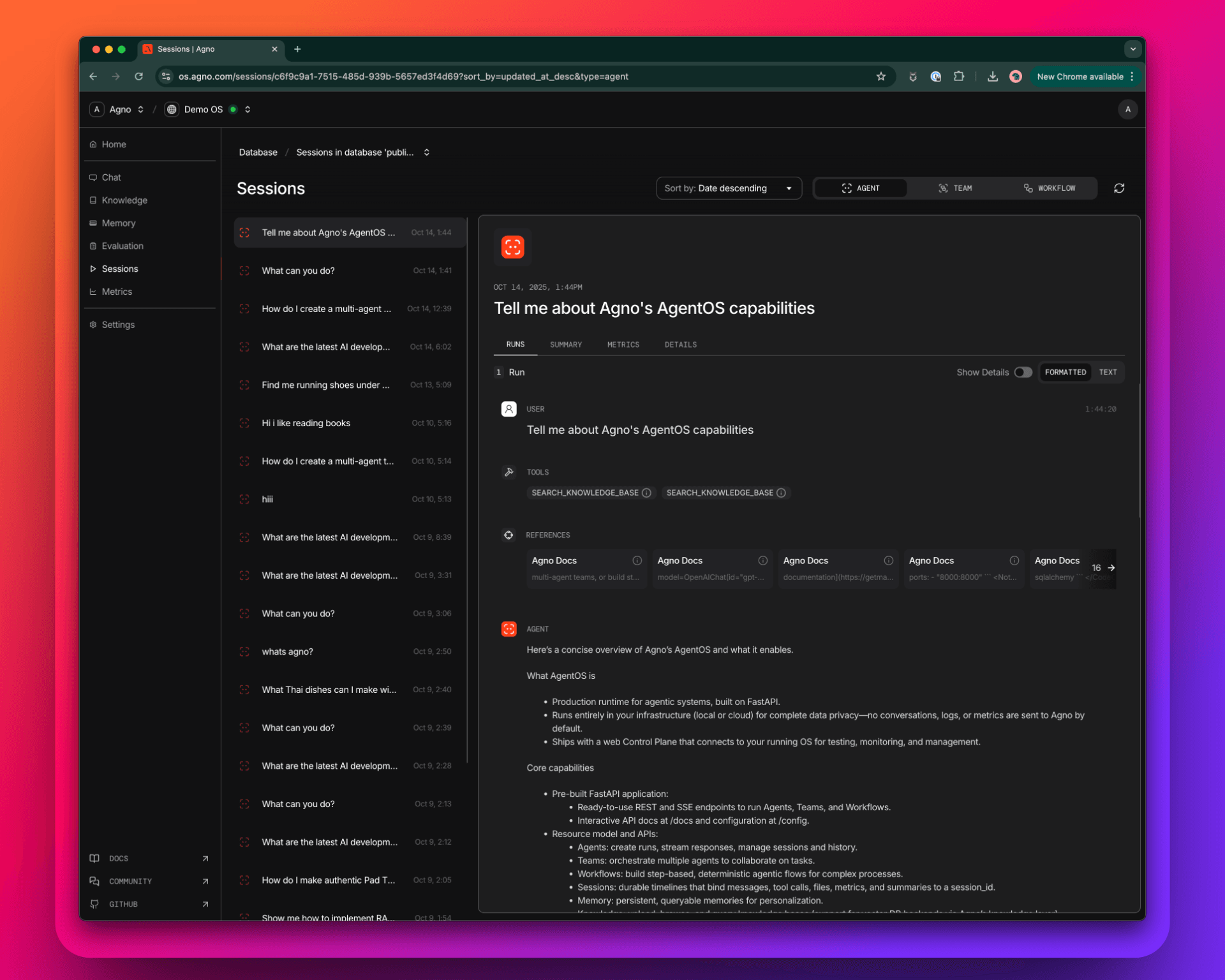 Agno AgentOS UI Sessions
